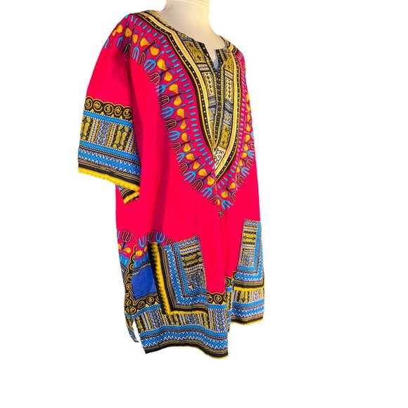 Mama and Papa Vintage Dashiki Shirt Cotton Fuchsia Patchwork Shirt with Pockets - Picture 2 of 10